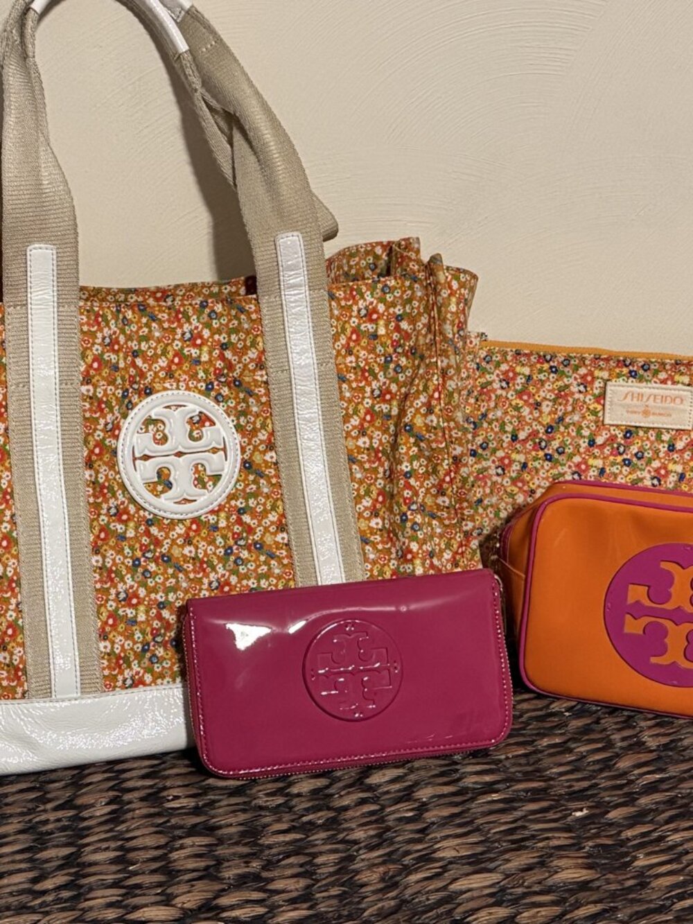 Tory Burch Shiseido Floral Tote Bag + Matching Accessories – 4-Piece Lot! 🌸🧡💗